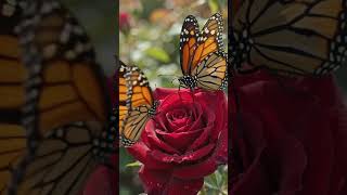Macro Photography: Monarch Butterflies Landing on Deep Red Rose 4K Wallpaper