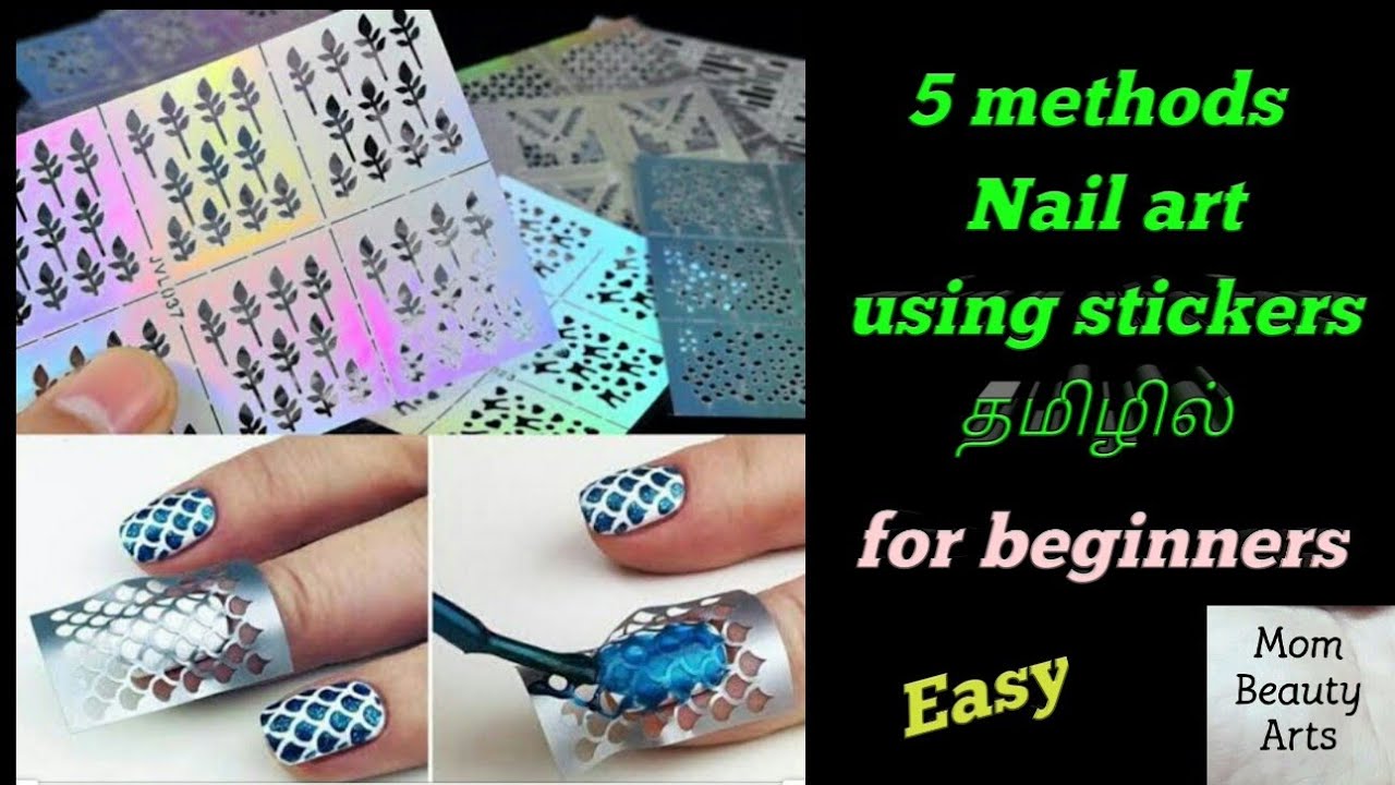 5 methods of nail art using Stickers for beginners in tamil/Mom beauty arts  /MBA - YouTube