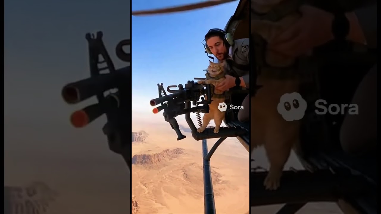 A cat shooting a machine gun from his helicopter as the owner try’s to stop him  