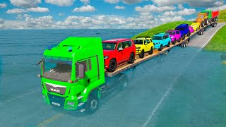 Triple Flatbed Trailer McQueen Transportation with Truck - Speedbumps vs Cars vs Train - BeamNG #223