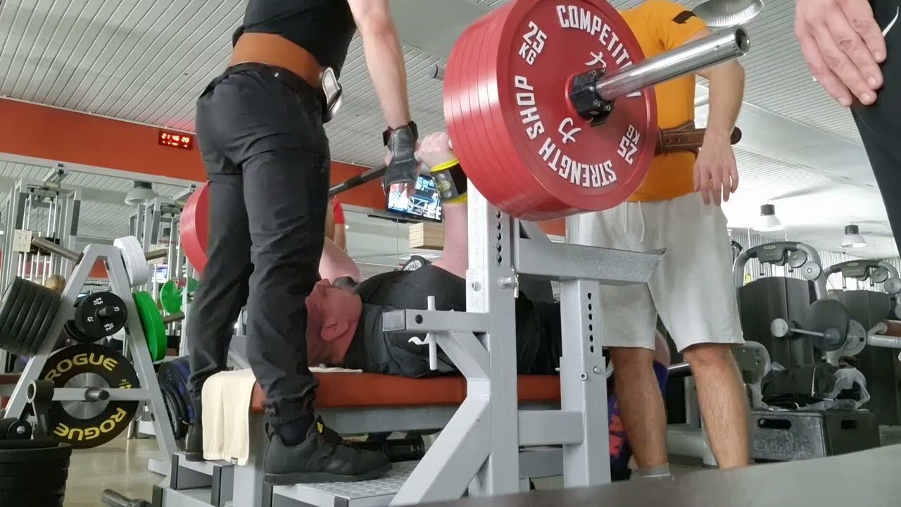 Bench press in F8 three ply band shirt 325 kg / 715 lbs x 2 reps on a 2 board