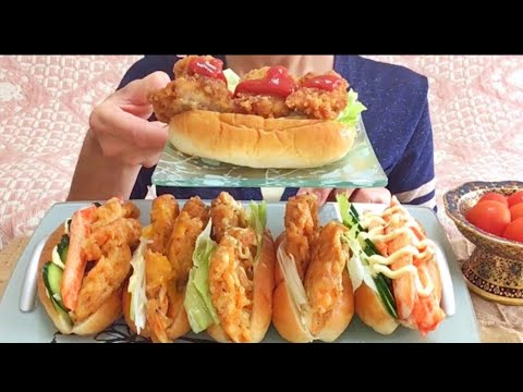 20190801【咀嚼音】【ASMR】【mukbang】【食動画】かき揚げサンド 唐揚げサンド カニカマサンド トマト 食べるだけ 一人飯 飯枠 飯動画