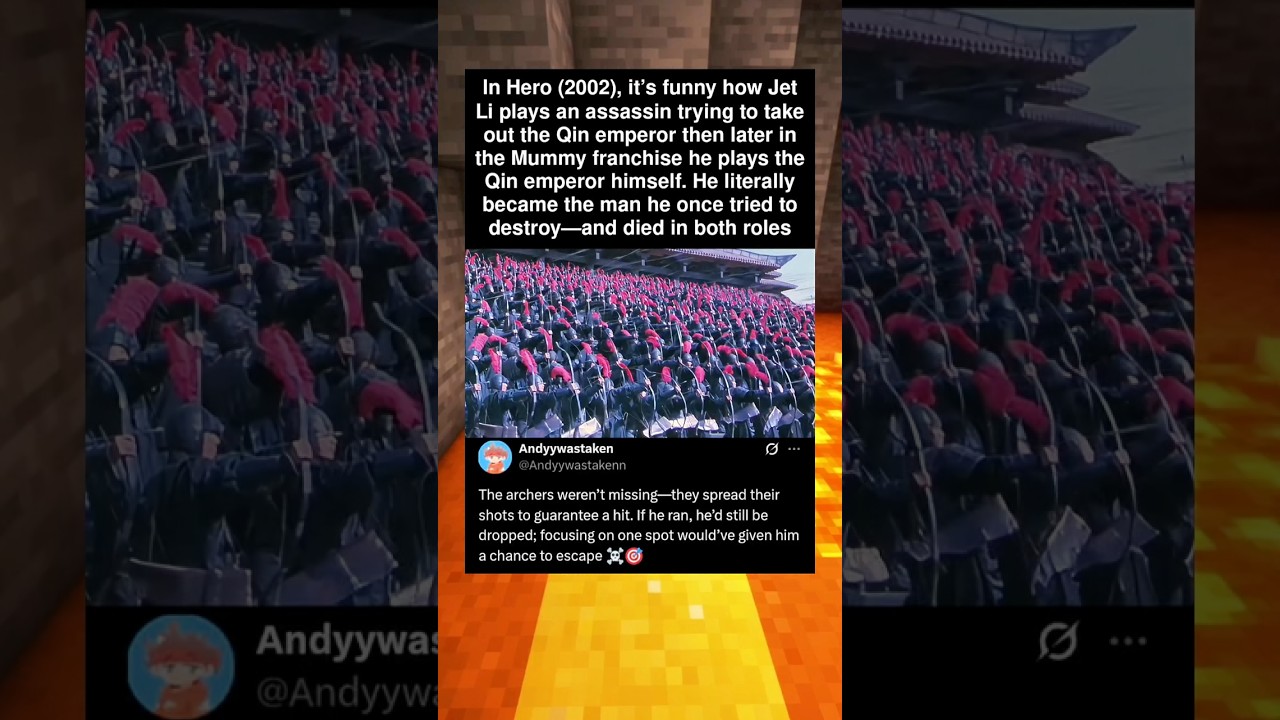 In Hero (2002), it’s funny how Jet Li plays an assassin trying to take out the Qin emperor then