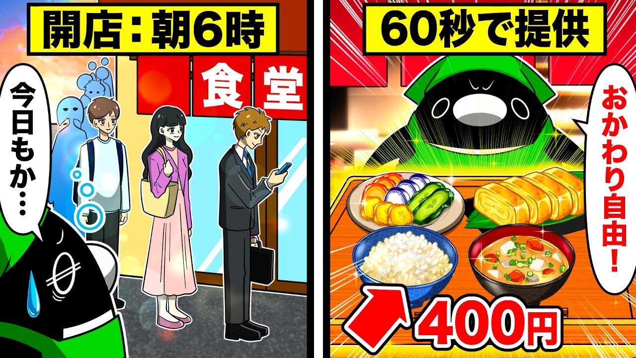 朝ごはんに長蛇の列⁉︎１食400円でおかわり自由の激安食堂の実態とは...‼︎【アニメ】