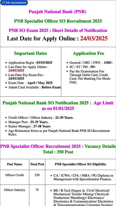 Punjab National Bank PNB Specialist Officer SO Recruitment 2025 Apply Online for 350 Post #pnb #job