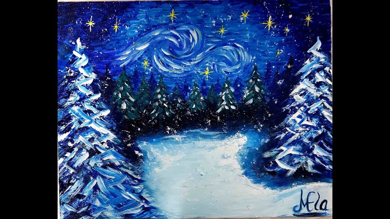 Noapte De Iarna Instelata Pictura In Culori Acrilice Pentru