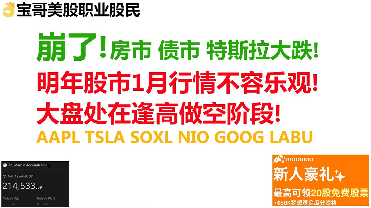 崩了! 房市 债市 特斯拉大跌!明年美股1月行情不容乐观！大盘处在逢高做空阶段！AAPL TSLA SOXL NIO GOOG  LABU！12272022