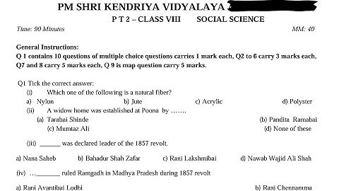 CLASS-8 Social Science (SST)/ PT-2 Exam Qestion Paper / KV CBSE / Periodic Test-2 Kendriya Vidyalaya