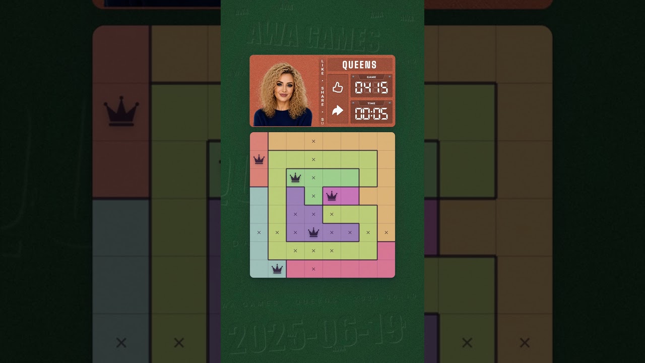 LinkedIn Queens #415 solved board for June 19, 2025, 8x8 grid