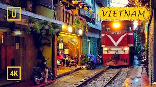 Hanoi Train Street city walk. We caught a train! Binaural Audio. [4K walking tour]