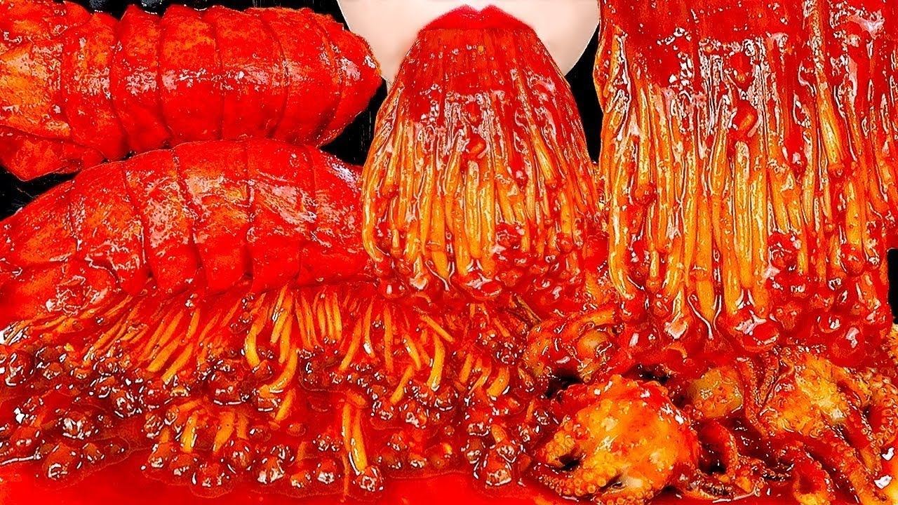ASMR SPICY ENOKI MUSHROOMS, BABY OCTOPUS, SEAFOOD MUKBANG EATING SOUNDS #asmr #mukbang #octopus #sea