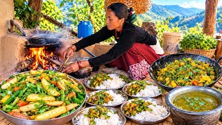 Nepali Village Cooking || Organic Black Lentil Dal, Rice & Green Vegetable Curry ||