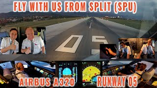 SPLIT (SPU) | Airbus sunset takeoff and weather avoidance RWY 05 | Cockpit, Pilots + Instrument view