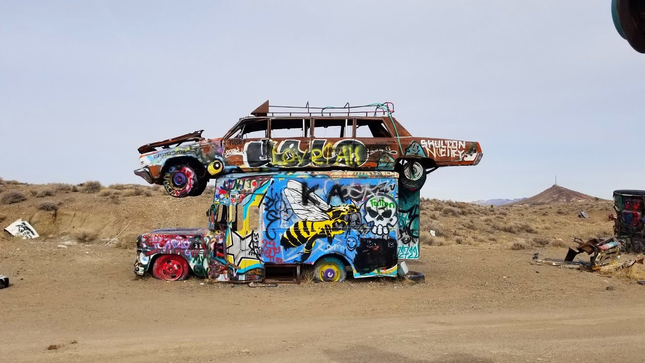 International Car Forest of the Last  Church - Goldfield, Nevada - Drone fly over