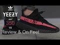 yeezy 350 v2 black red on feet