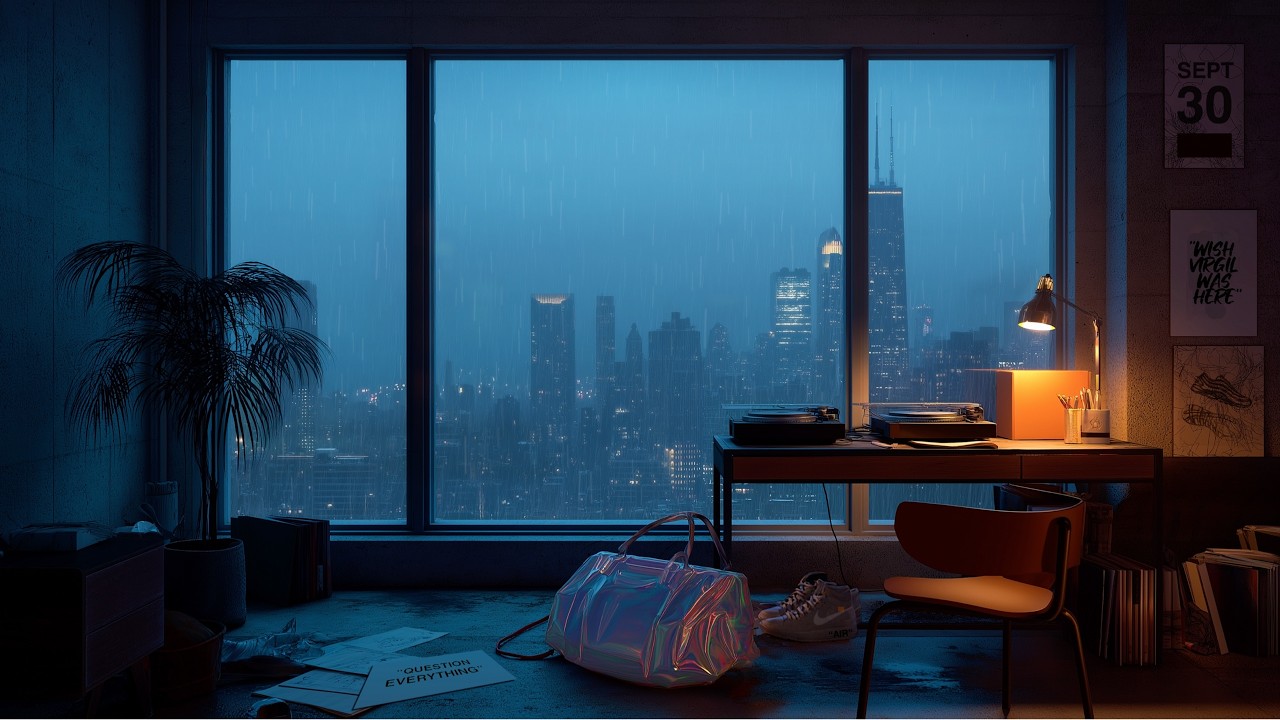 Rain Sounds for Relaxation & Study | Chicago Apartment at Night | 4 Hours | Virgil Abloh Inspired