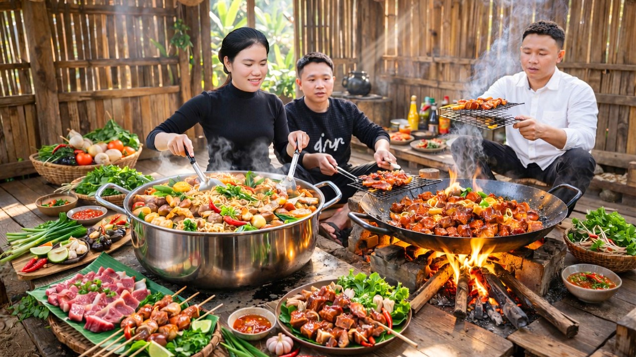 Making A Huge Pot Of Grilled Pork Noodle Soup For The Family - My Husband Helped Me Grill The Meat