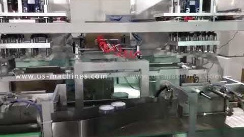Automatic plastic PET bottle jar can robot hand cartoning encasing machine video