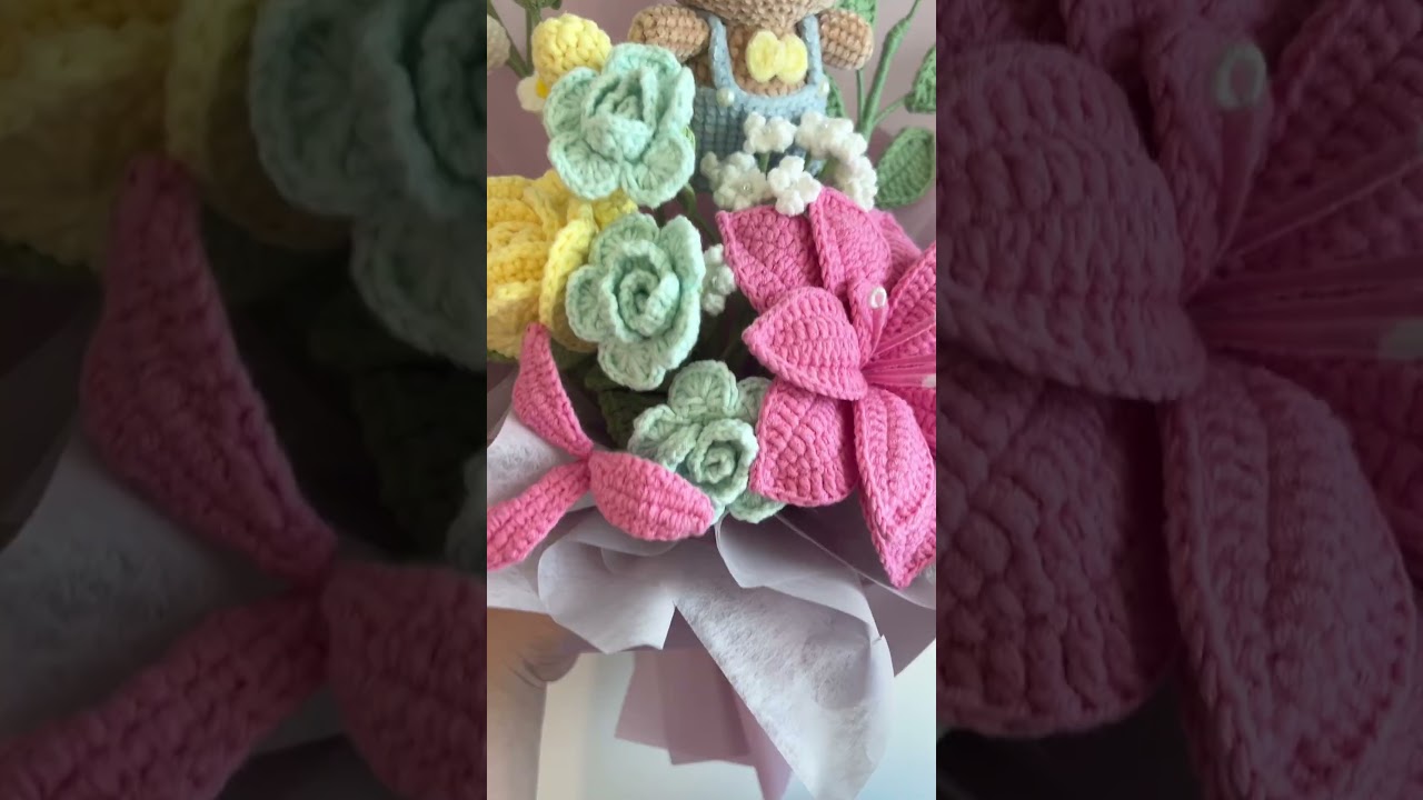 Wrapping sweet dopamine surprise crochet flower bouquet 