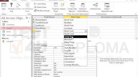 Insert one more field named notes in the Movies table. Make sure the field is set to hold a text...
