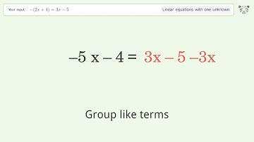 Linear equation with one unknown: Solve -(2x+4)=3x-5 step-by-step solution