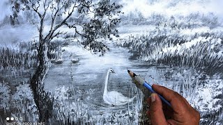 Drawing a beautiful landscape with charcoal☘️The method of erasing elegance in landscape drawing
