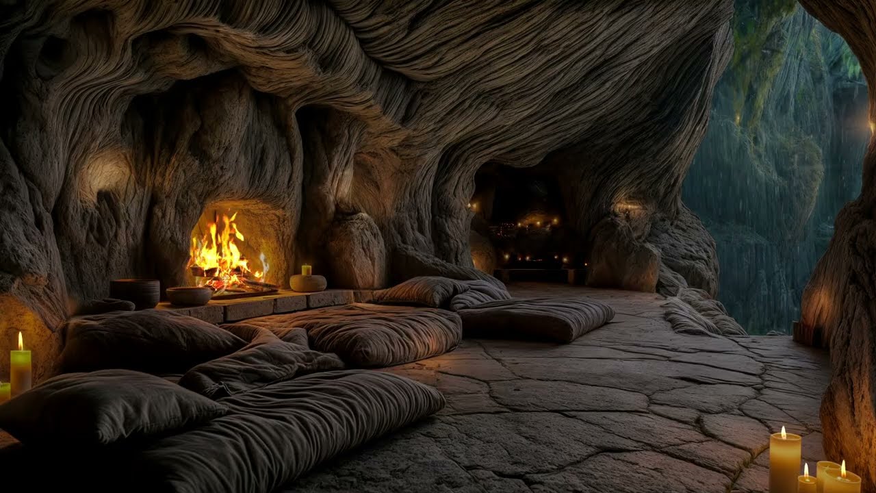 Echoing Rain & Crackling Fire Inside a Hidden Cave | Immersive Rain and Campfire Experience