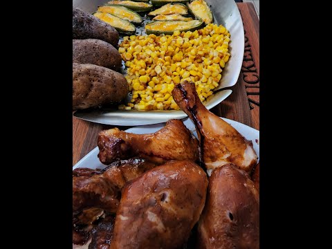 Smoked Chicken Legs, Potatoes, Corn and Jalapeno Poppers