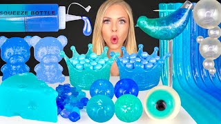 ASMR TEAL AND INDIGO FOOD, EDIBLE PEARLS, CHEESE JELLY, EDIBLE GLITTER SQUEEZE BOTTLE MUKBANG 먹방