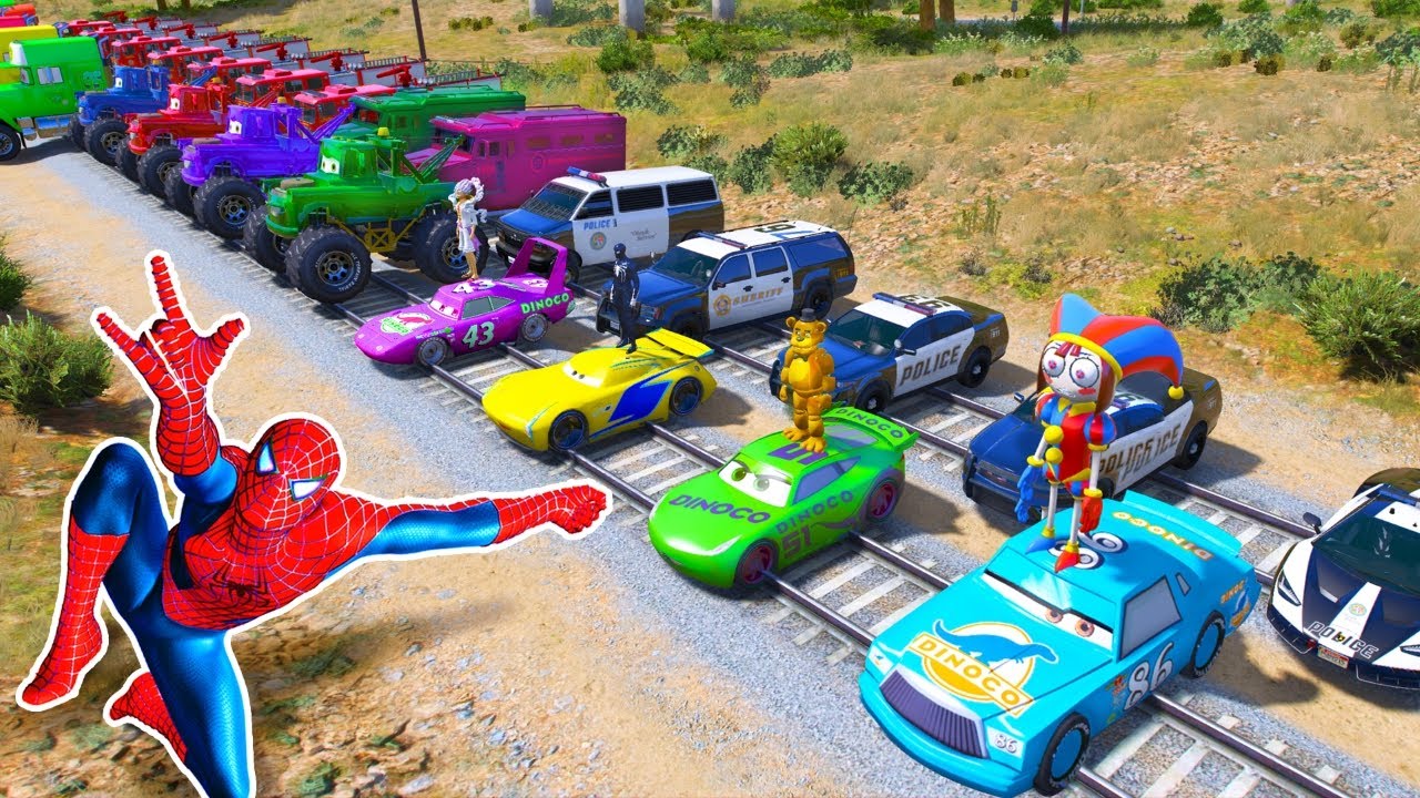 GTAV SPIDER-MAN 2 TRIED TRAIN CHASE AND CRASH CHALLENGE BY MCQUEEN CARS | POMNI vs JAX
