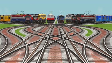 8 locomotive Trains Crossing By Bumpy Branched Railroad Crossing||railroad tracks||train game video