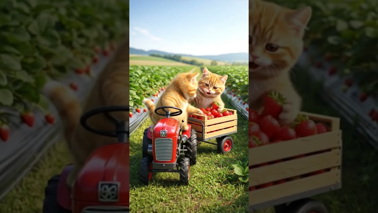 Cat is harvesting strawberry 🍓 