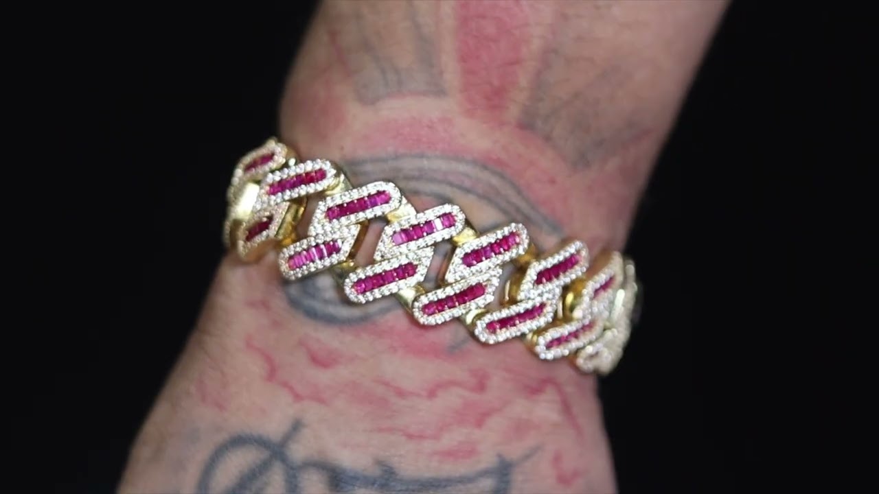 Gold Red Diamond Cuban Link Bracelet, Iced Out Bracelet, baguette cuban link Bracelet