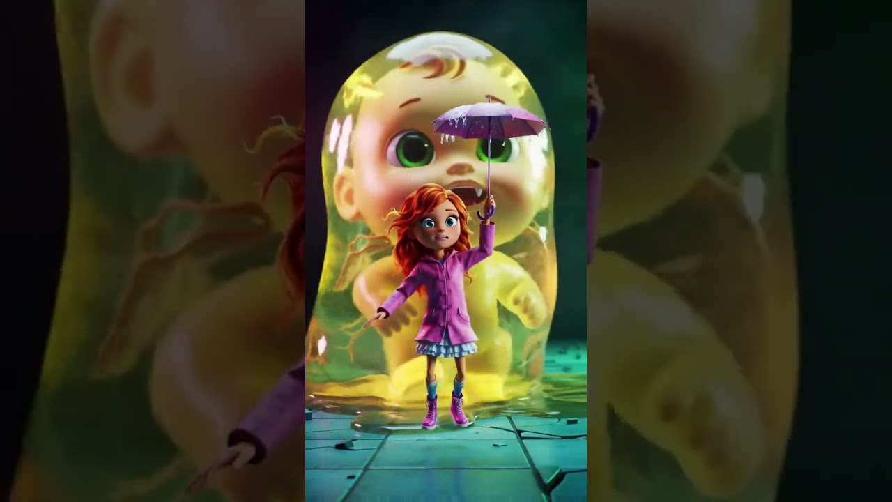 Horror scene featuring Kat a red haired girl in a frilly pink raincoat with glittery boots baby doll