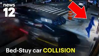 Car launches into Brooklyn building after late-night collision; 2 men arrested
