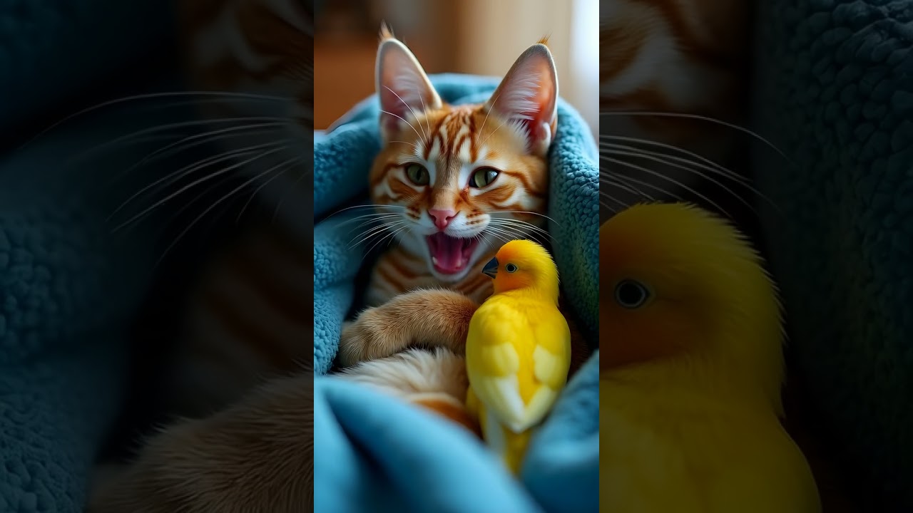 🐾✨Cuddle Catastrophe! Adorable Kitten, Fluffy Bird Cuddle Chaos🌈