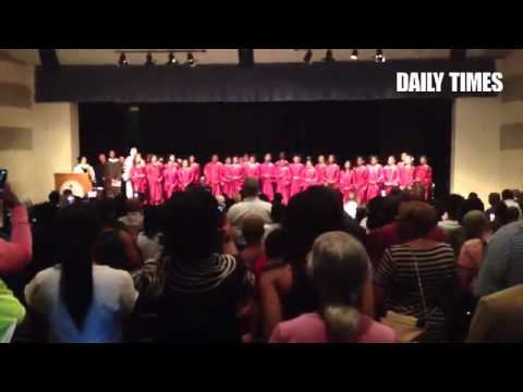 Students sing Lift Evry Voice and Sing at Widener Partnership Charter School graduation ceremony.