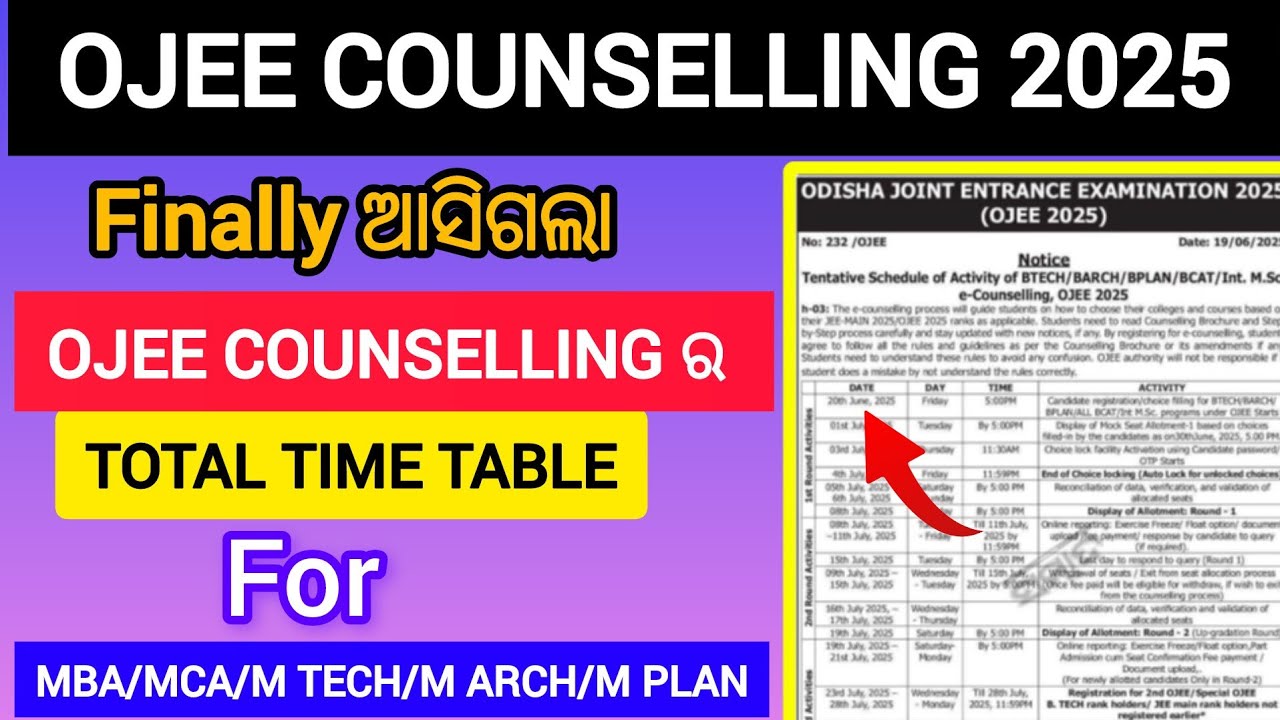 OJEE Counselling 2025 | COUNSELLING SCHEDULE FOR ALL UG AND PG COURSE | Ojee counselling schedule