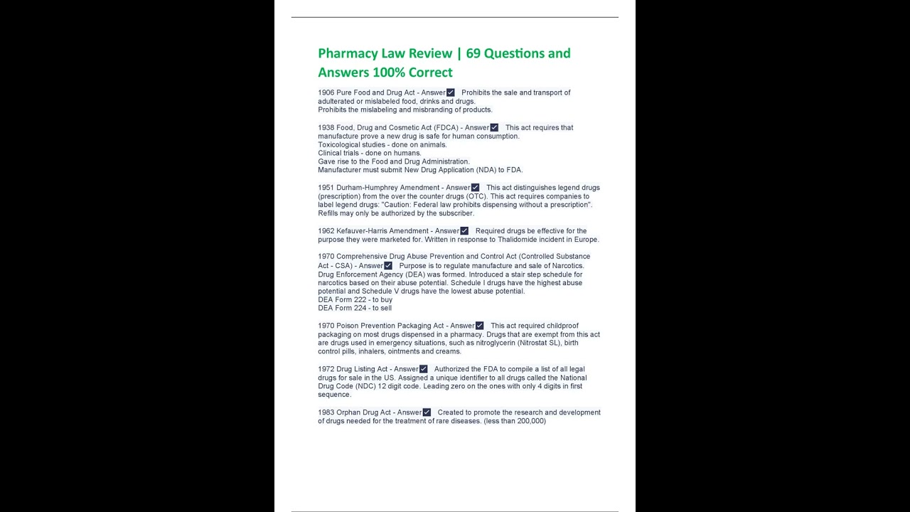 PHARMACY LAW REVIEW 69 QUESTIONS AND ANSWERS 100 CORRECT