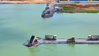 Incredible SHACMAN Delivery 25Ton Fail Loading And Cover Back By SHANTUI Dozer Pushing Soil In Lake