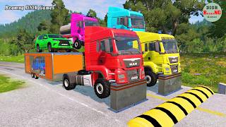 Double Flatbed Trailer Truck vs speed bumps|Busses vs spe...
