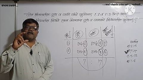 दोन भांड्यातील दूध/पाणी यांचे गुणोत्तर 1:2/1:3आहे.दोन्ही भांड्यातील मिश्रण एकत्र केल्यास गुणोत्तर