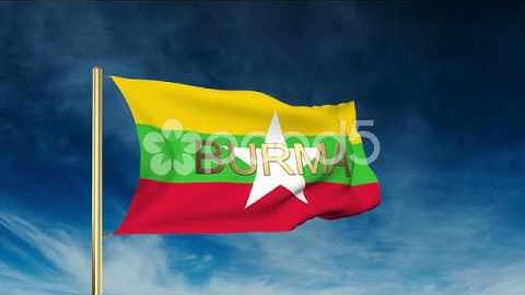 Burma Flag Slider Style With Title. Waving In The Wind With Cloud Background