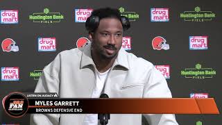 Myles Garrett reacts to the Browns 31-6 win over the Dolphins