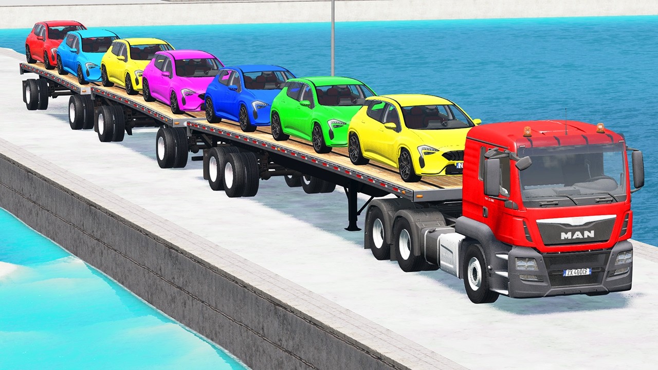 Flatbed Truck Mcqueen Transporatation with Truck Small Cars Rescue - Pothole vs Car - BeamNG.Drive