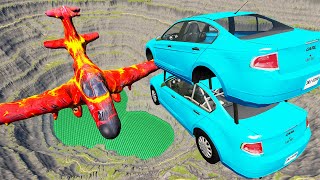 Throwing Cars At The New Lava Airplane Leap Of Death -  BeamNG.Drive