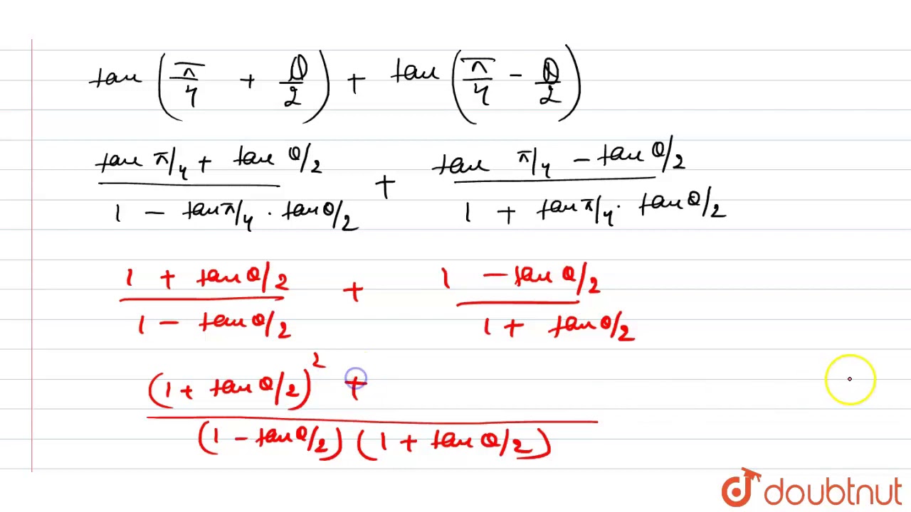 `tan{(pi)/(4)+1/2cos^(1)alpha}+tan{(pi)/(4)1/2cos^(1