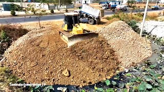 Excellent Action Landfill ! Bulldozer KOMATSU D58PX Push Soil rock to water and Truck Spreading Soil