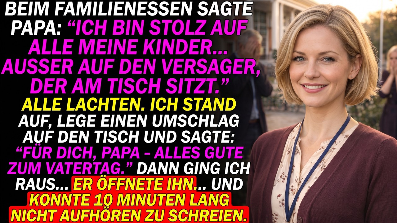 Mein Vater stand vor 50 Gästen auf, hob sein Glas und sagte: "Ich bin stolz auf alle meine Kinder, außer auf die Versagerin, die an diesem Tisch sitzt." Alle lachten. Mein Bruder applaudierte....