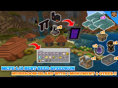 Minecraft pe 1.18 seed best speedrun - Village & portal / Mushroom island with 3 Monument & Other !!